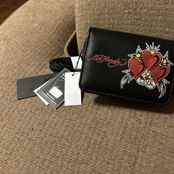 ED HARDY Love Crossbody Wallet Chains Skull Black Mini Bag Wallet Cute Small - Picture 2 of 13
